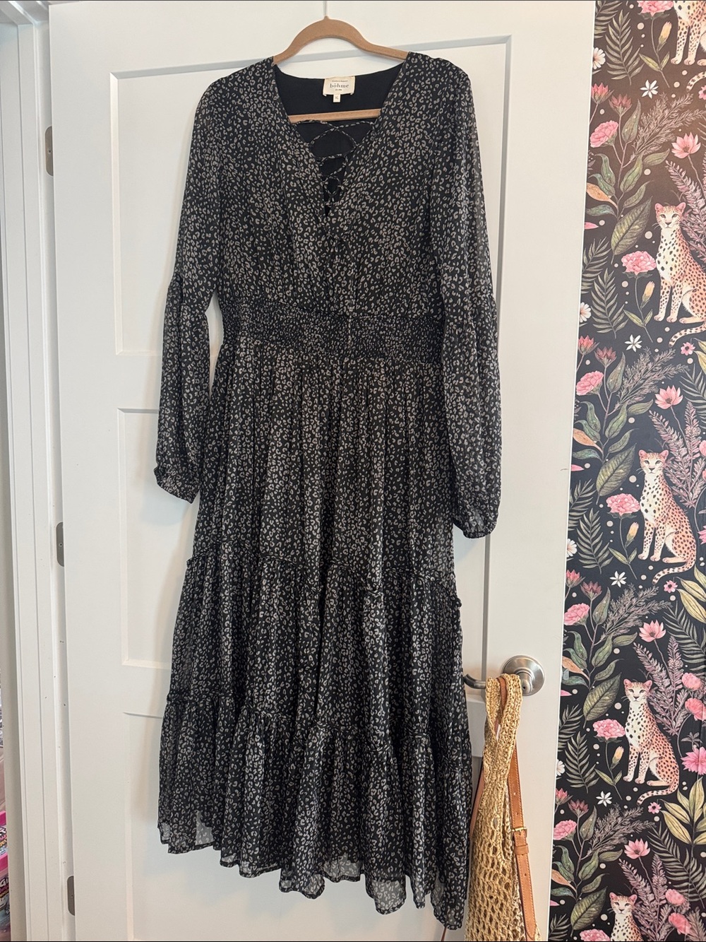 bohme Black Floral Lace-Up Smocked Midi Dress